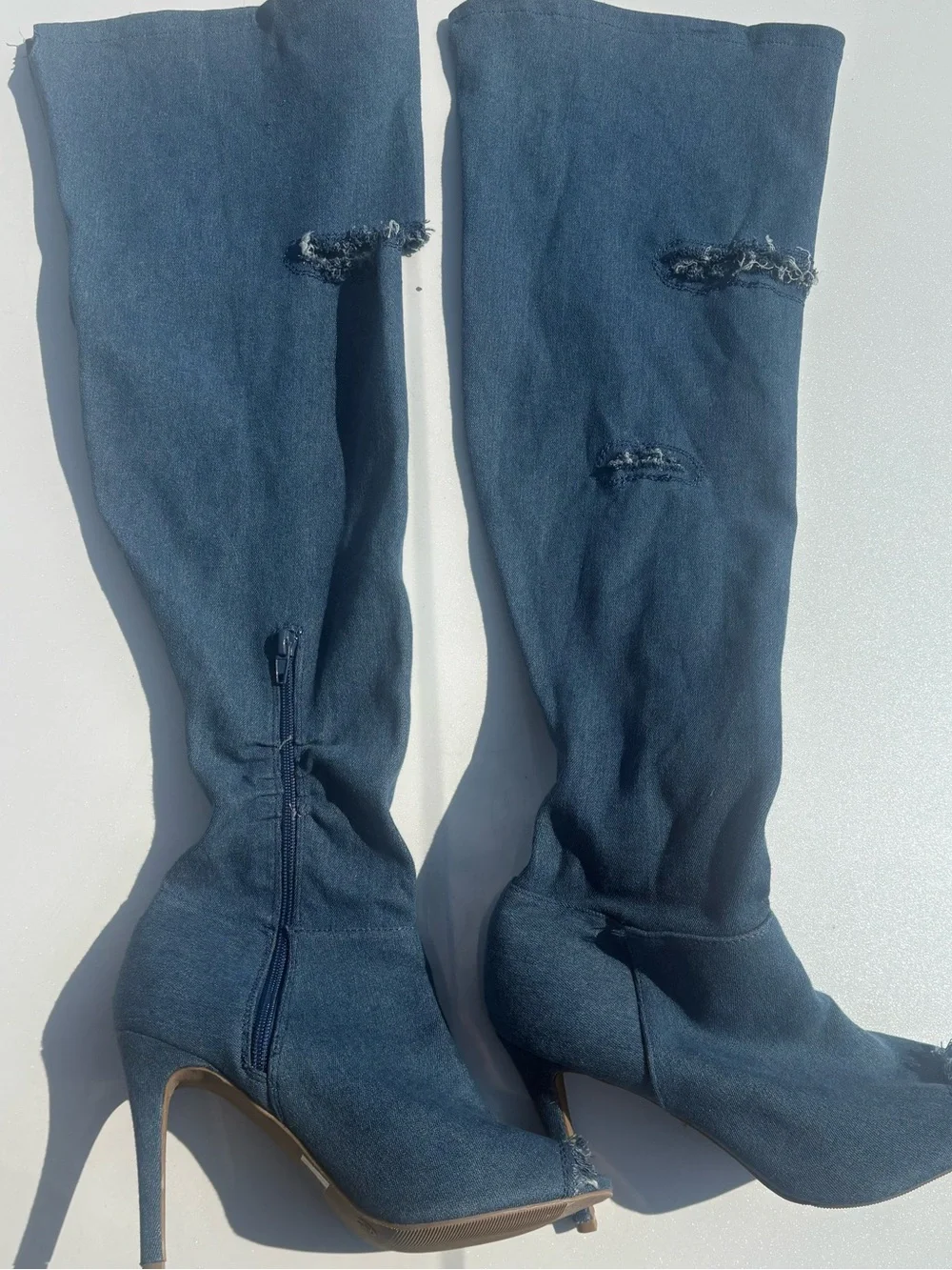Women's Blue Knee-High Peep-Toe Stiletto Boots